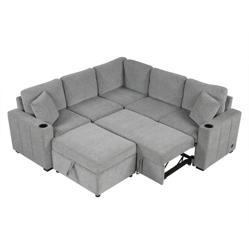 84.7 Divano componibile letto in ciniglia con contenitore e porte USB