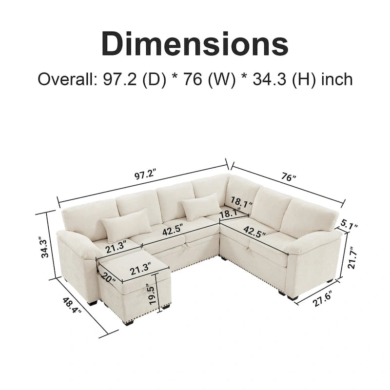 97 Chenille L-Shaped Sleeper Sectional Sofa with Storage Ottoman