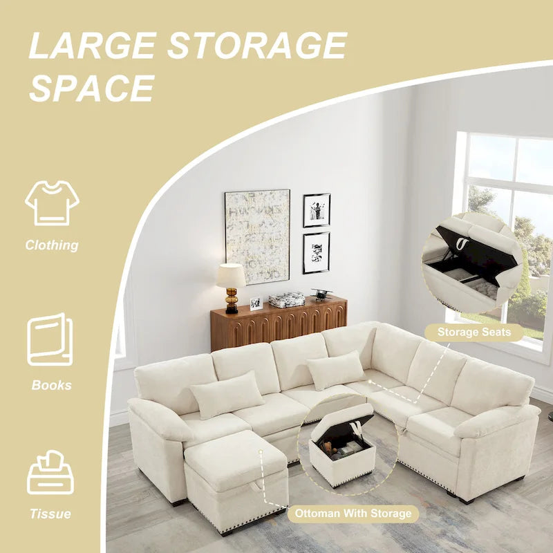 97 Chenille L-Shaped Sleeper Sectional Sofa with Storage Ottoman