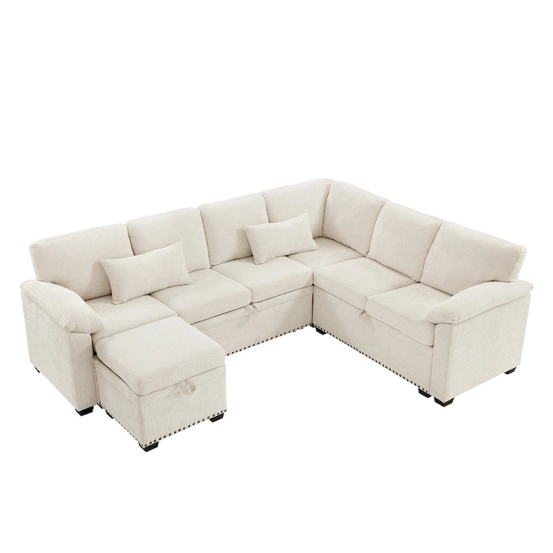 97 Chenille L-Shaped Sleeper Sectional Sofa with Storage Ottoman
