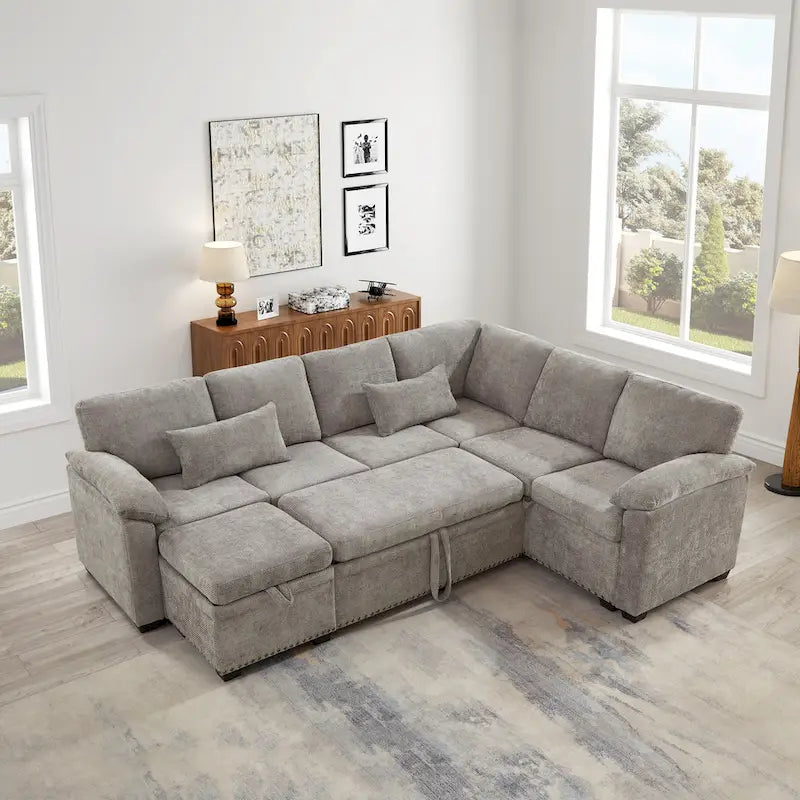 97 Chenille L-Shaped Sleeper Sectional Sofa with Storage Ottoman