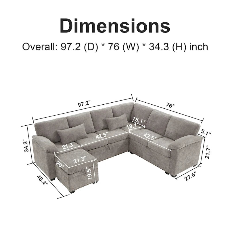 97 Chenille L-Shaped Sleeper Sectional Sofa with Storage Ottoman