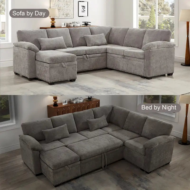 97 Chenille L-Shaped Sleeper Sectional Sofa with Storage Ottoman