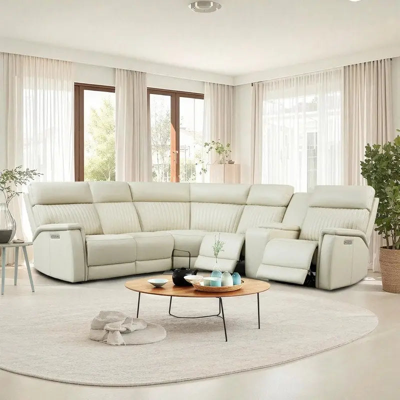 Genuine Leather Power Recliner Sectional Sofa with Console, Ajustable Headrest, USB&USB-C Port, 1 Power Armlesschair
