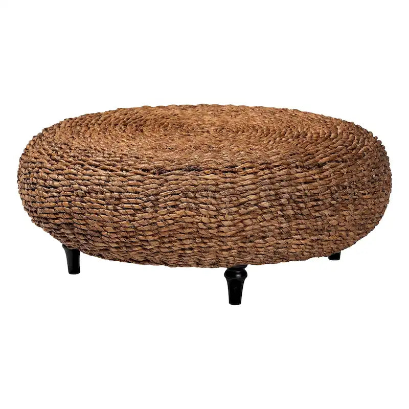 Tavolino da caffè in erba marina intrecciata a mano Riau con gambe in legno - Tavolino rotondo in vimini naturale per soggiorno o camera da letto