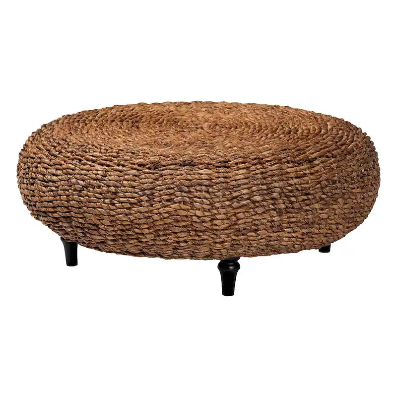 Tavolino da caffè in erba marina intrecciata a mano Riau con gambe in legno - Tavolino rotondo in vimini naturale per soggiorno o camera da letto