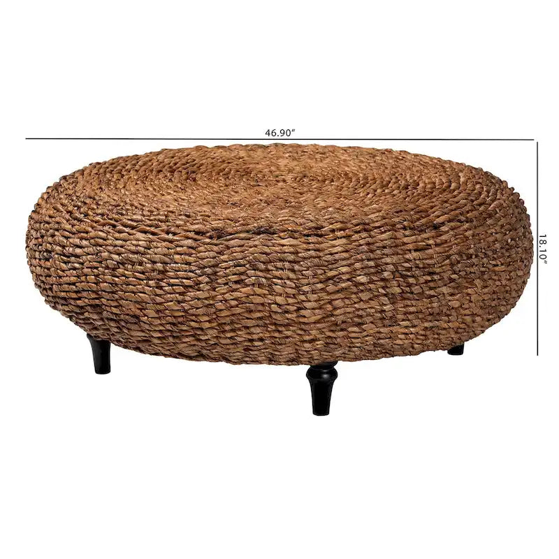 Tavolino da caffè in erba marina intrecciata a mano Riau con gambe in legno - Tavolino rotondo in vimini naturale per soggiorno o camera da letto