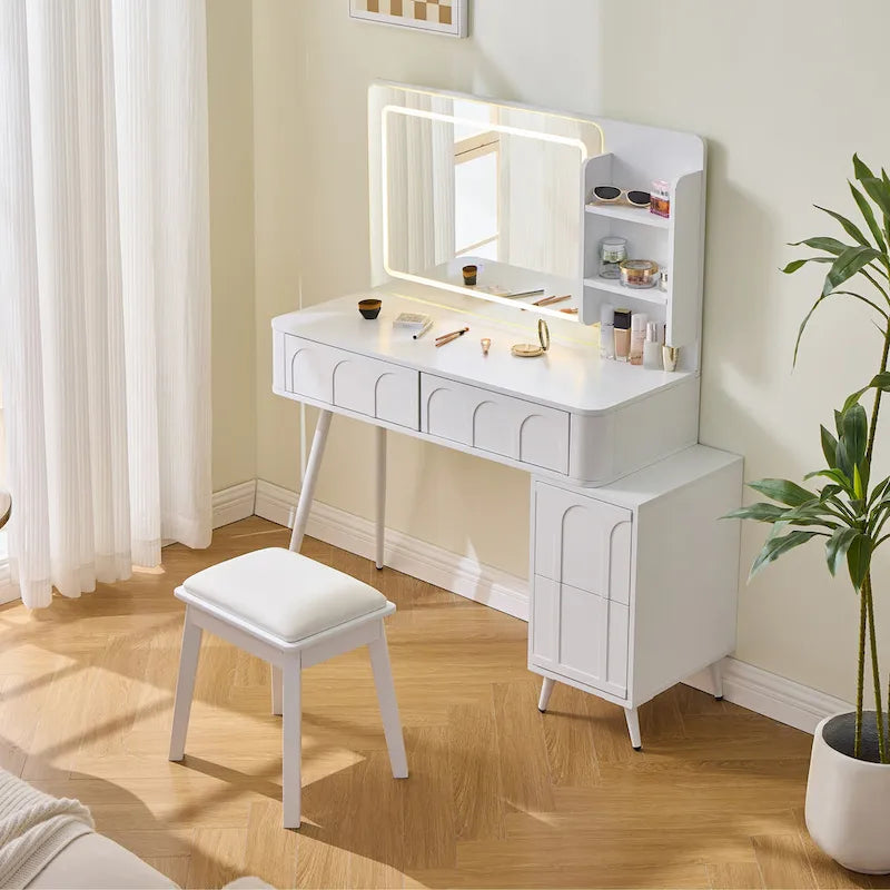 Moderna Toeletta da Trucco con Luci LED e Specchio, Set Tavolo da Trucco a 4 Cassetti con Sgabello, Luminosità Dimmerabile a 3 Colori