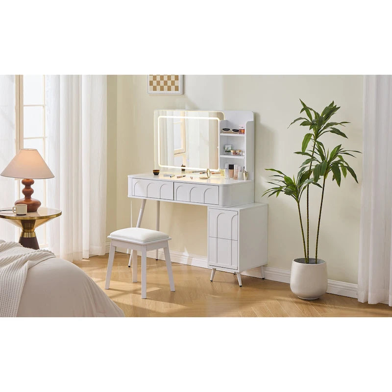 Moderna Toeletta da Trucco con Luci LED e Specchio, Set Tavolo da Trucco a 4 Cassetti con Sgabello, Luminosità Dimmerabile a 3 Colori
