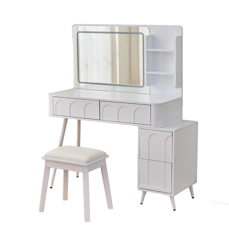 Moderna Toeletta da Trucco con Luci LED e Specchio, Set Tavolo da Trucco a 4 Cassetti con Sgabello, Luminosità Dimmerabile a 3 Colori