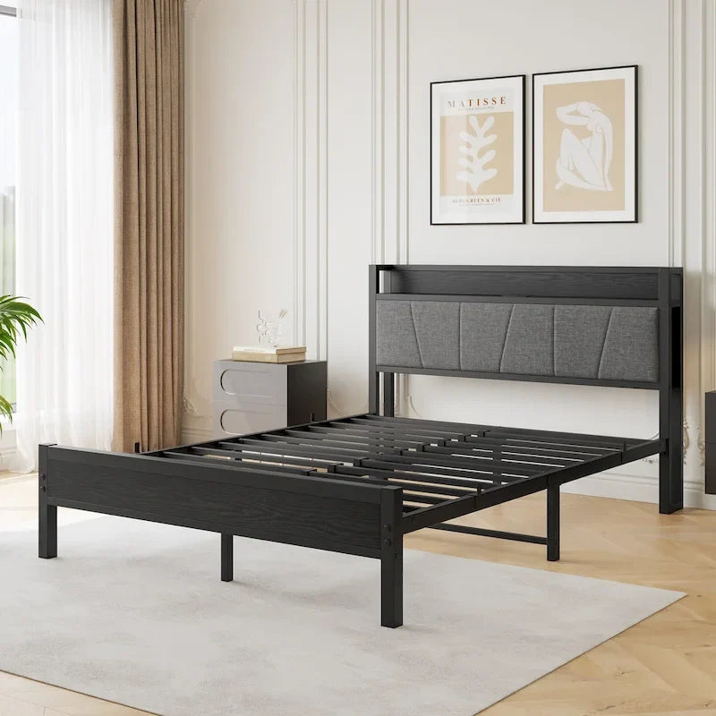 Queen Platform Bed with Storage Headboard & USB Ports