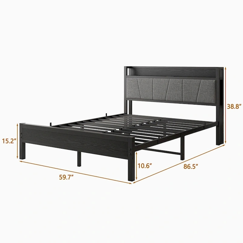 Queen Platform Bed with Storage Headboard & USB Ports
