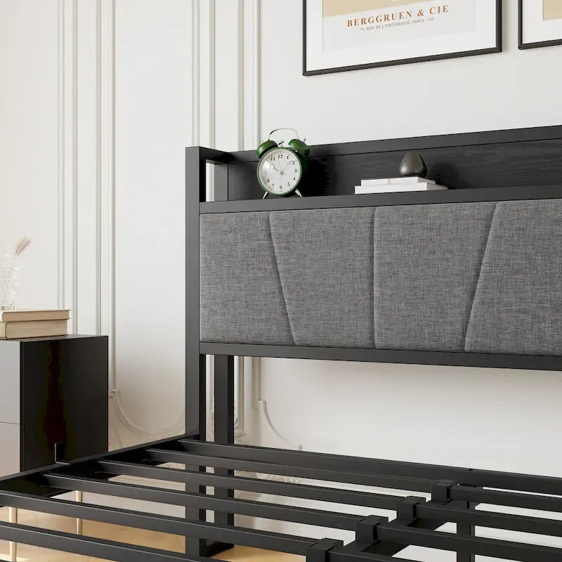 Queen Platform Bed with Storage Headboard & USB Ports