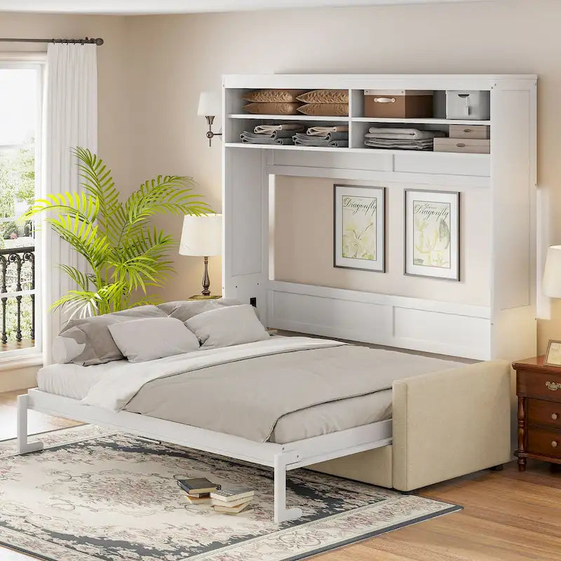 Queen Convertible Murphy Bed with Sofa, 2-in-1 Design, Storage & Dual-Piston Mechanism