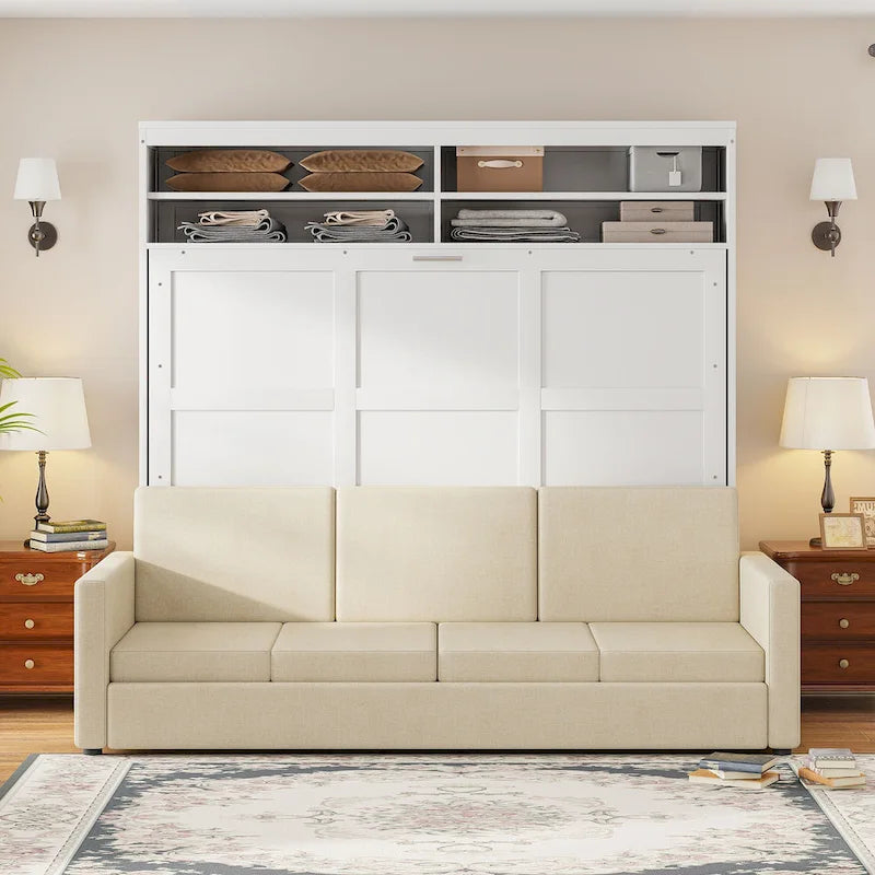 Queen Convertible Murphy Bed with Sofa, 2-in-1 Design, Storage & Dual-Piston Mechanism