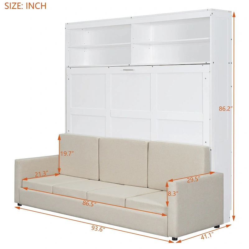 Queen Convertible Murphy Bed with Sofa, 2-in-1 Design, Storage & Dual-Piston Mechanism