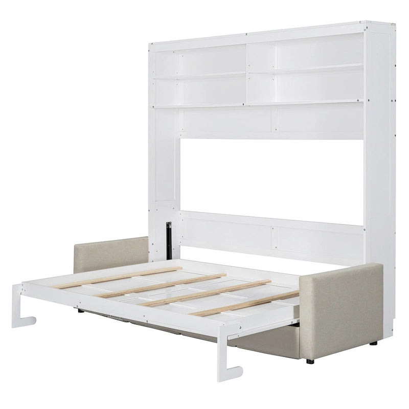 Queen Convertible Murphy Bed with Sofa, 2-in-1 Design, Storage & Dual-Piston Mechanism