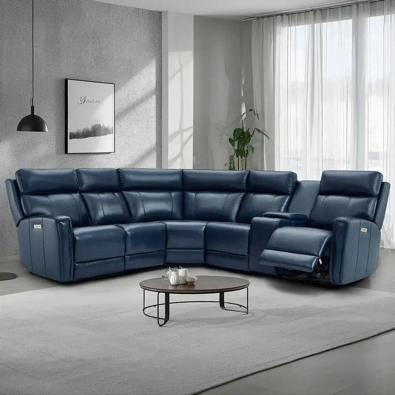 104 W Genuine Leather Power Recliner Sectional Sofa with Zero Gravity, Ajustable Headrest, USB Ports & Console