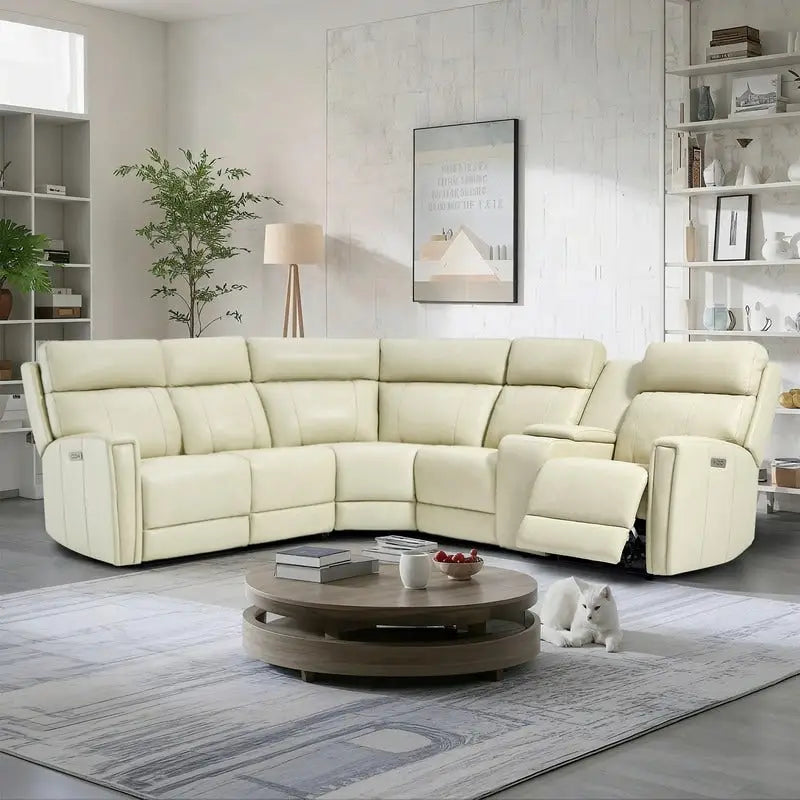 104 W Genuine Leather Power Recliner Sectional Sofa with Zero Gravity, Ajustable Headrest, USB Ports & Console