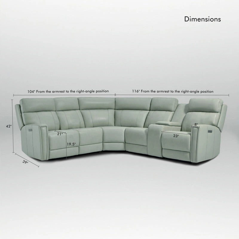 104 W Genuine Leather Power Recliner Sectional Sofa with Zero Gravity, Ajustable Headrest, USB Ports & Console