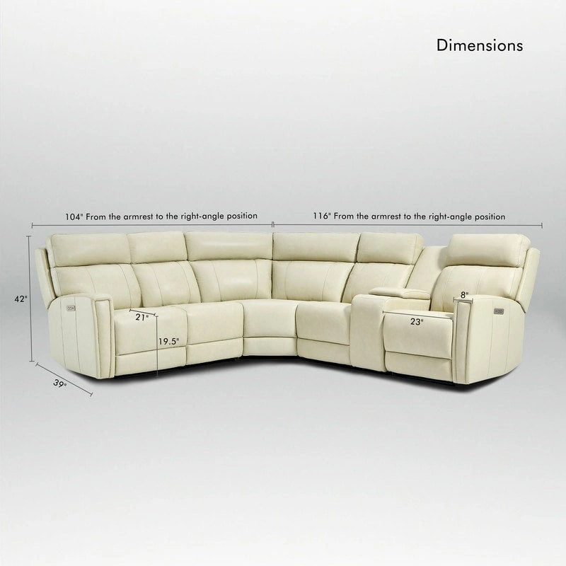 104 W Genuine Leather Power Recliner Sectional Sofa with Zero Gravity, Ajustable Headrest, USB Ports & Console