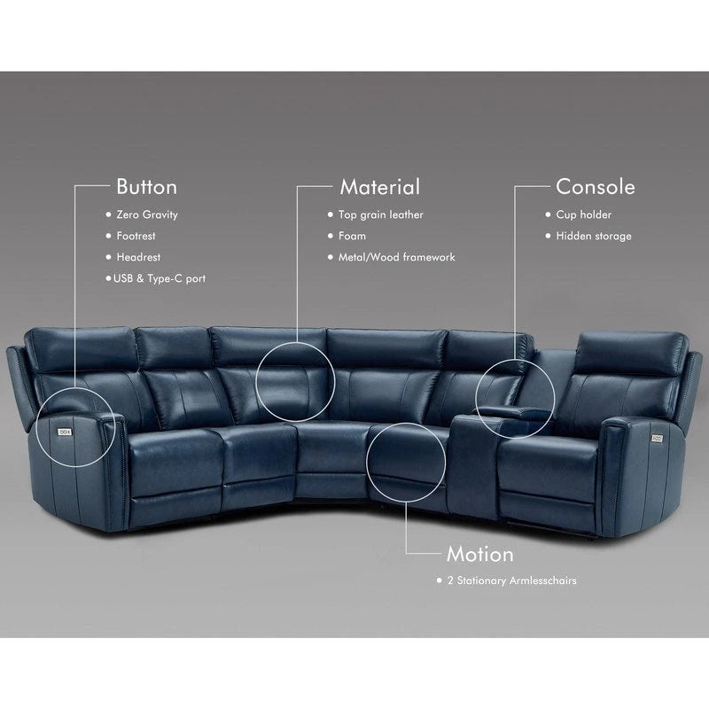 104 W Genuine Leather Power Recliner Sectional Sofa with Zero Gravity, Ajustable Headrest, USB Ports & Console