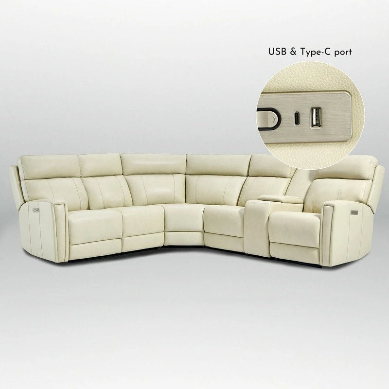 104 W Genuine Leather Power Recliner Sectional Sofa with Zero Gravity, Ajustable Headrest, USB Ports & Console