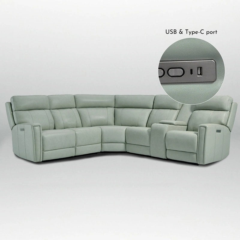 104 W Genuine Leather Power Recliner Sectional Sofa with Zero Gravity, Ajustable Headrest, USB Ports & Console