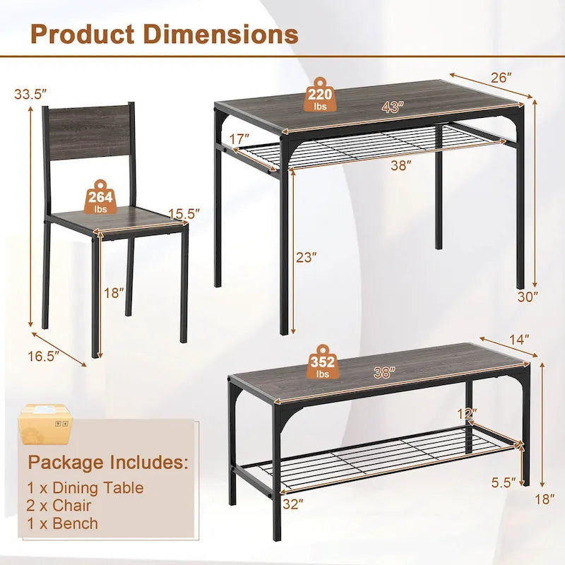 Costway Set Tavolo da Pranzo per 4 con Tavolo Rettangolare e 2 Sedie, 1