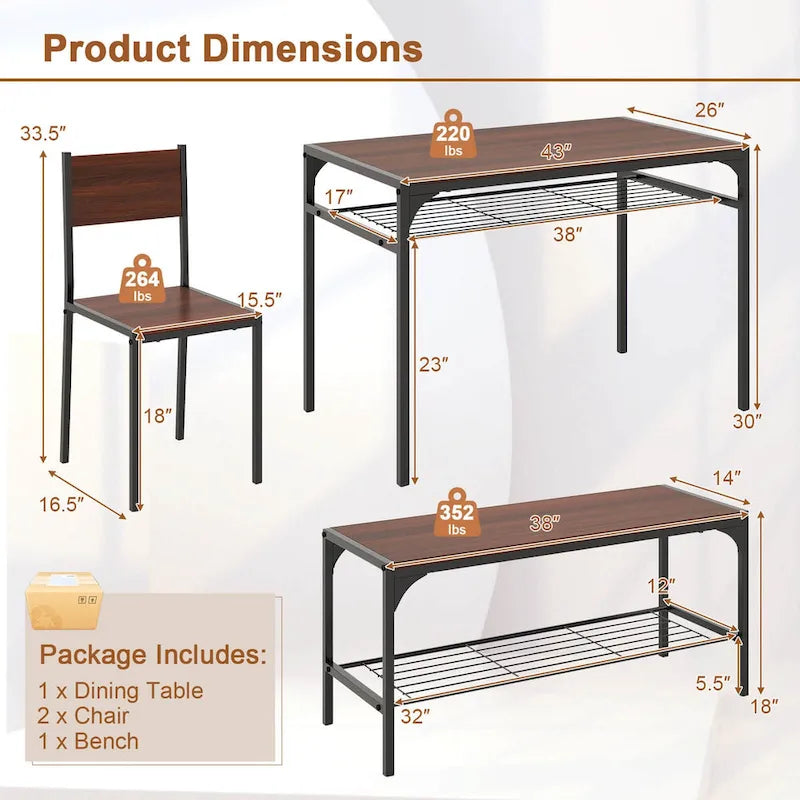 Costway Set Tavolo da Pranzo per 4 con Tavolo Rettangolare e 2 Sedie, 1
