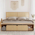 Natural Rattan Full Size Bed Frame with Sliding Barn Door Storage Cabinets