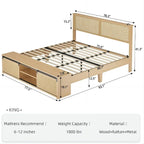 Natural Rattan Full Size Bed Frame with Sliding Barn Door Storage Cabinets