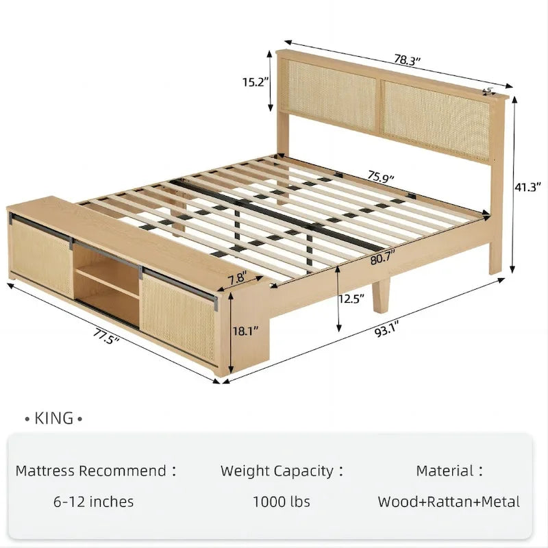 Natural Rattan Full Size Bed Frame with Sliding Barn Door Storage Cabinets