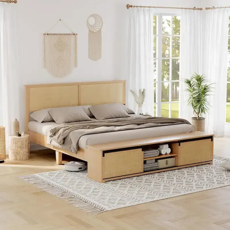 Natural Rattan Full Size Bed Frame with Sliding Barn Door Storage Cabinets