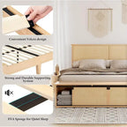 Natural Rattan Full Size Bed Frame with Sliding Barn Door Storage Cabinets
