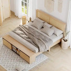 Natural Rattan Full Size Bed Frame with Sliding Barn Door Storage Cabinets