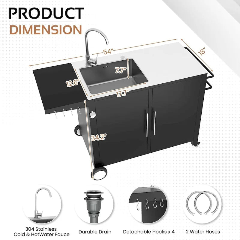 AECOJOY Outdoor Kitchen Sink with Hose Hook up, Stainless Steel Grill Prep Table Kitchen Cabinets Island