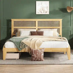 Letto king size con piattaforma, testiera in rattan, due cassetti