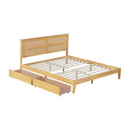 Letto king size con piattaforma, testiera in rattan, due cassetti