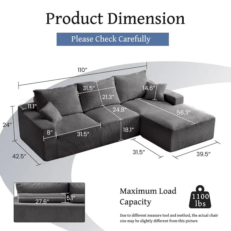 GDFStudio - Olivia Morgan Ultra-Soft Modular 110-Inch L-Shaped Cloud Sofa With No-Assembly, Full-Compression Comfort