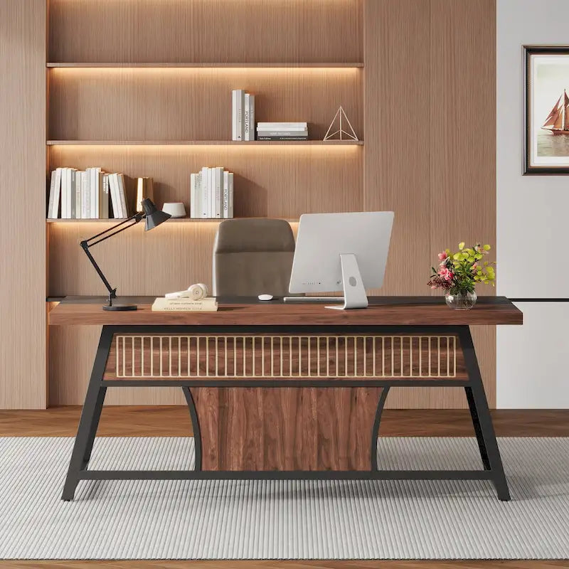 63-Inch Executive Office Desk with Storage Shelf and LED Light, Walnut & Black