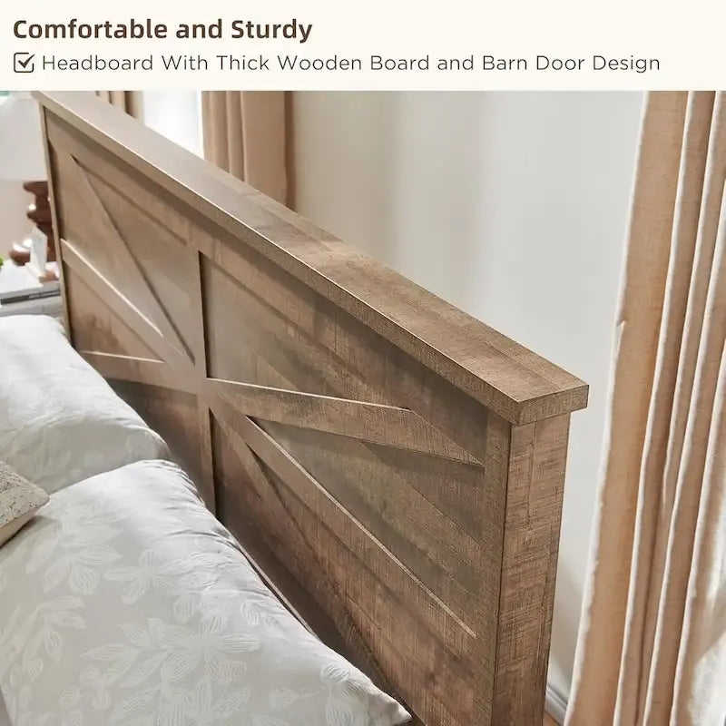 Farmhouse Full size Wood Bed Frame with Sliding Barn Door storage