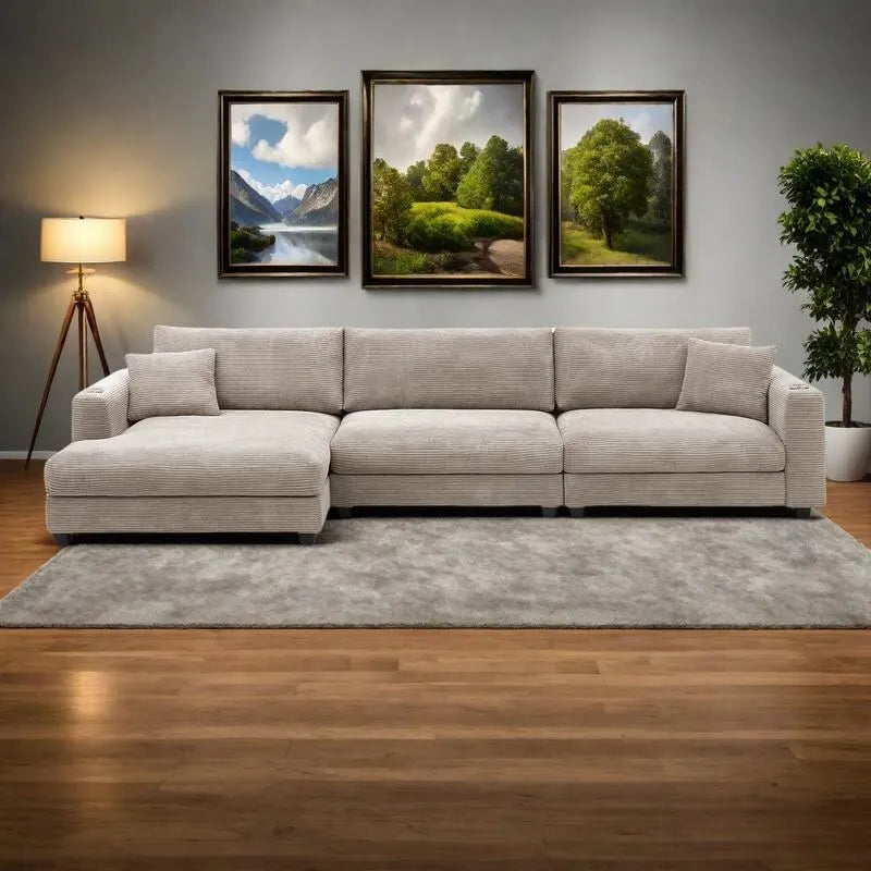 134 Corduroy Sectional Sofa with L-Shaped Cloud Couch and USB Charging & 50 Chaise (330lb Capacity)