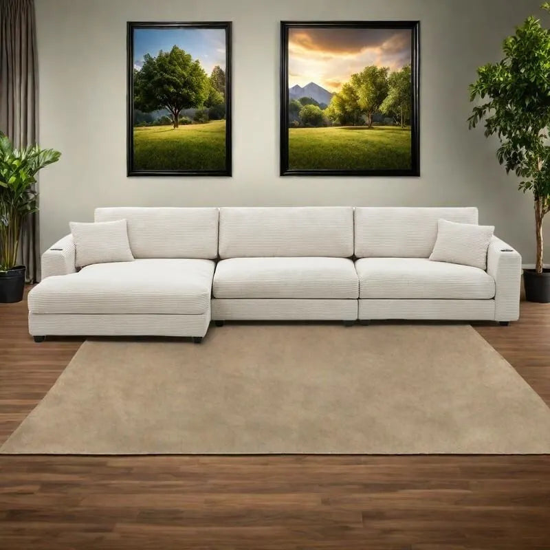 134 Corduroy Sectional Sofa with L-Shaped Cloud Couch and USB Charging & 50 Chaise (330lb Capacity)