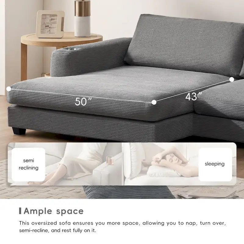 134 Corduroy Sectional Sofa with L-Shaped Cloud Couch and USB Charging & 50 Chaise (330lb Capacity)