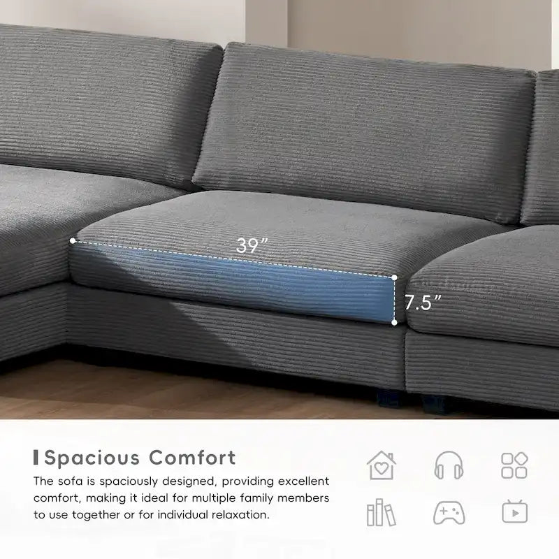 134 Corduroy Sectional Sofa with L-Shaped Cloud Couch and USB Charging & 50 Chaise (330lb Capacity)