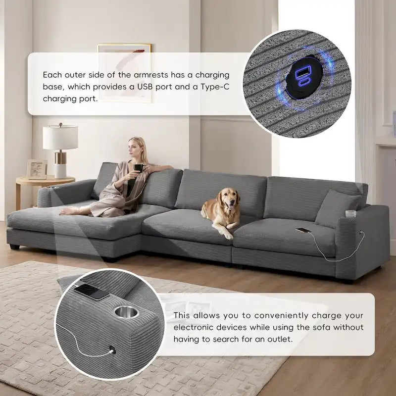 134 Corduroy Sectional Sofa with L-Shaped Cloud Couch and USB Charging & 50 Chaise (330lb Capacity)