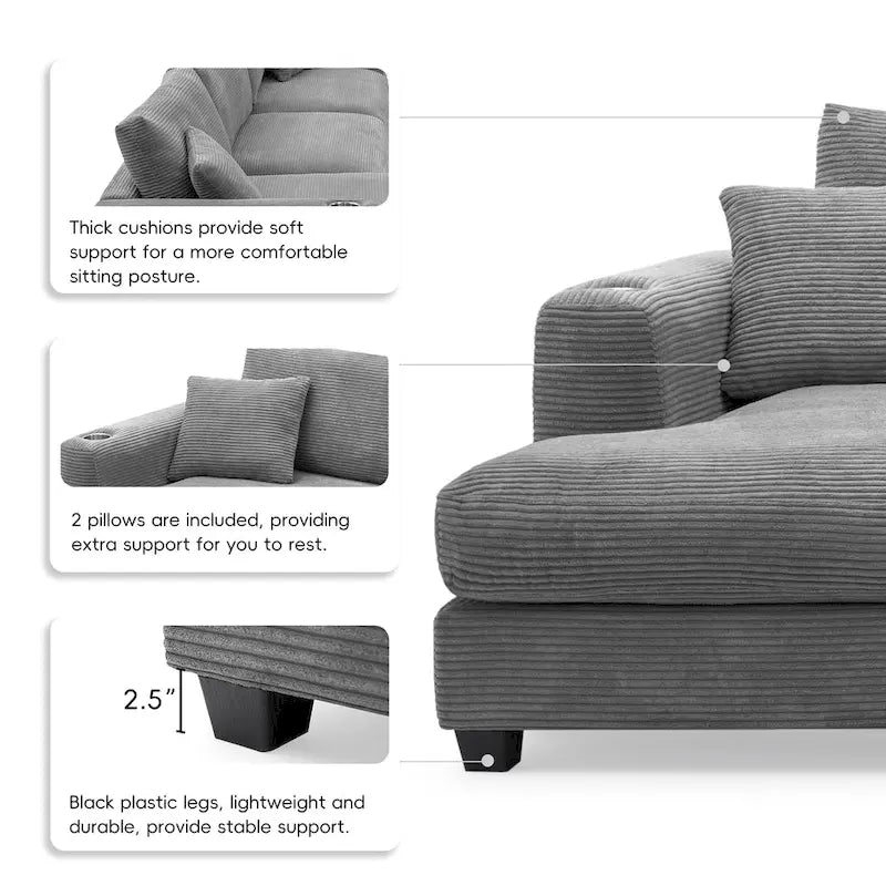 134 Corduroy Sectional Sofa with L-Shaped Cloud Couch and USB Charging & 50 Chaise (330lb Capacity)