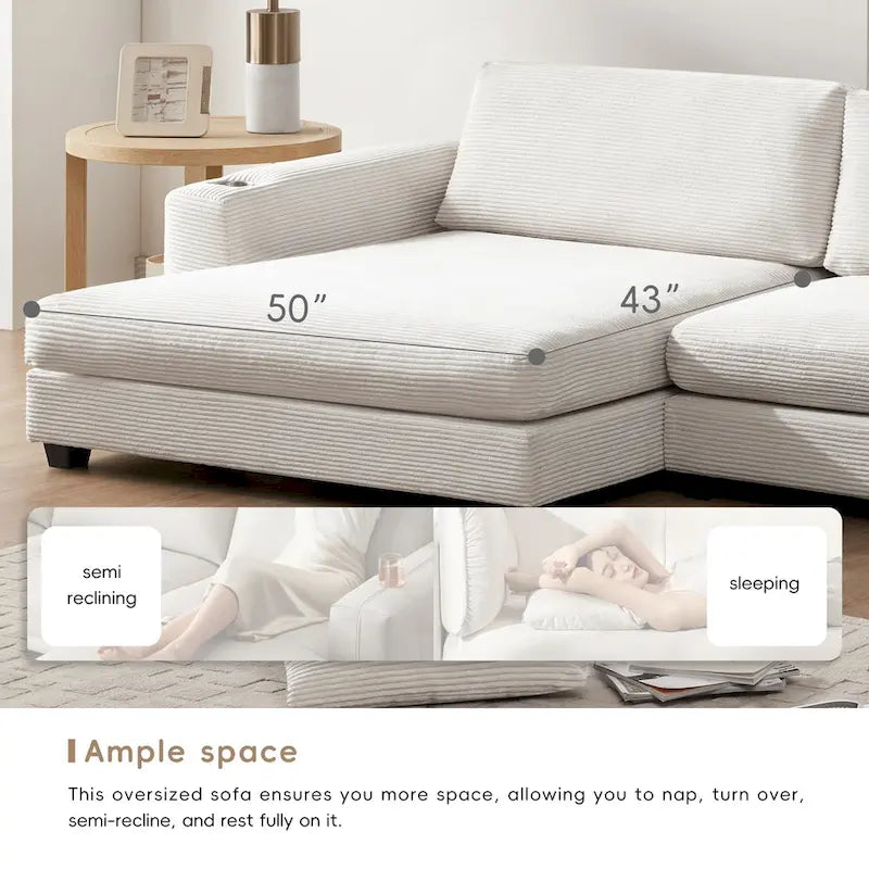 134 Corduroy Sectional Sofa with L-Shaped Cloud Couch and USB Charging & 50 Chaise (330lb Capacity)
