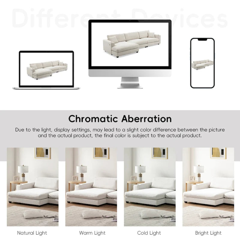 134 Corduroy Sectional Sofa with L-Shaped Cloud Couch and USB Charging & 50 Chaise (330lb Capacity)